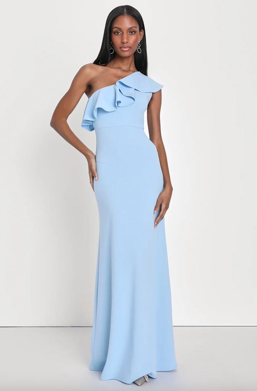 Lulus Last Forever Powder Blue One-Shoulder Ruffle Maxi Dress Formal Small NWT